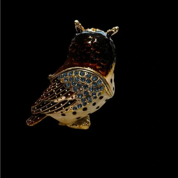 Vintage horned spotted Owl enamel jeweled trinket box - Picture 4 of 9